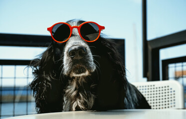 Hipster cool dog wearing red sunglasses and sitting at cafe table. Happy dog. Summer card.