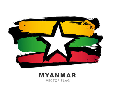Flag of Myanmar. Colored brush strokes drawn by hand. Vector illustration isolated on white background.