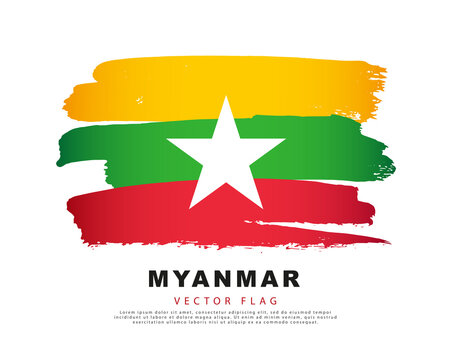 Flag of Myanmar. Yellow, green and red hand-drawn brush strokes. Vector illustration isolated on white background.