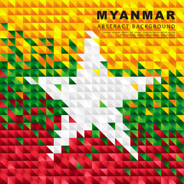 Flag of Myanmar. Abstract background of small triangles in the form of colorful yellow, green and red stripes.