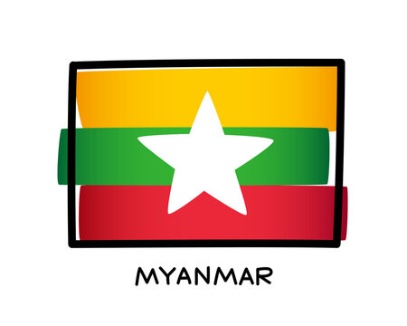 Flag of Myanmar. Colorful logo of Myanmar flag. Yellow, green and red hand-drawn brush strokes. Black outline. Vector illustration