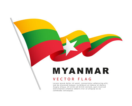 The flag of Myanmar hangs on a flagpole and flutters in the wind. Vector illustration isolated on white background.
