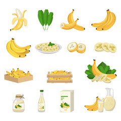 Banana fruit icons set. Whole fruit, peeled, half and cut into slices on plate and leaves. Juice in bottle and pack, jug and glass, jam in jar and bunches of fruit in box. Sweet food. Vector flat