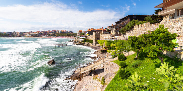 sozopol, bulgaria - AUG 09, 2015: embankment of old town on the seaside. popular travel destination. wonderful summer vacations