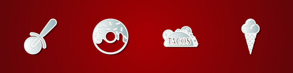 Set Pizza knife, Donut, Taco with tortilla and Ice cream in waffle cone icon. Vector
