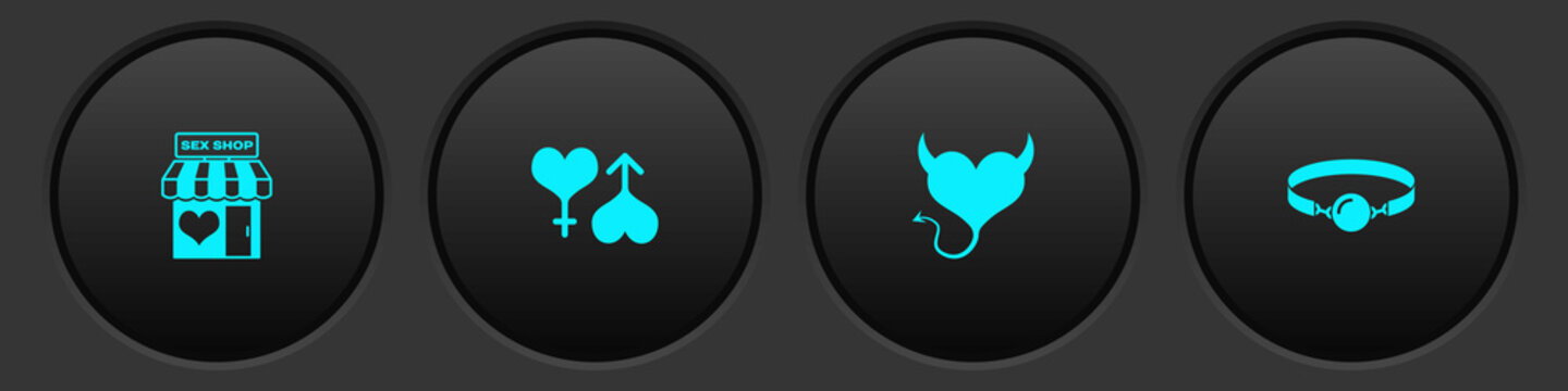 Set Sex Shop Building, Male And Female Heart, Devil With Horns And Silicone Ball Gag Icon. Vector