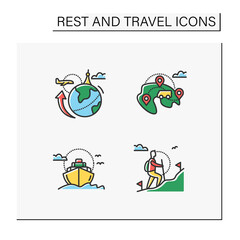 Types of rest and tourism color icons set. International and domestic tourism, cruise, hiking. Adventures, recreation and pleasure. Tourism types concept. Isolated vector illustrations