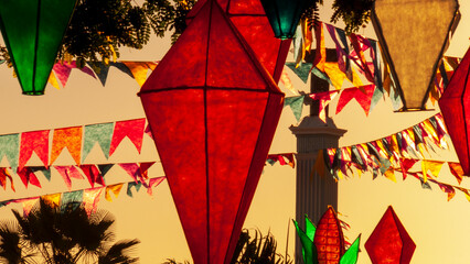 decoração junina de rua com bandeirinhas coloridas e balões decorativos - obrazy, fototapety, plakaty