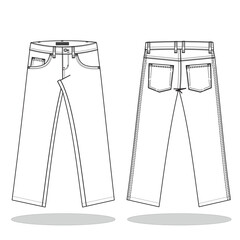Denim Pant flat sketch design template. Men’s denim long pant Technical Fashion Illustration. Denim Pant technical sketch for tech pack design Front and Back View Vector
