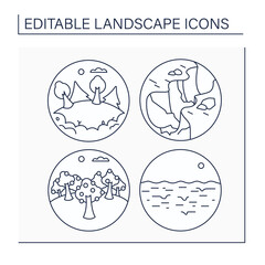 Landscape line icons set. Glade, gorge, grove and quicksand. Ecosystem. Ecology concept. Isolated vector illustrations. Editable strokes