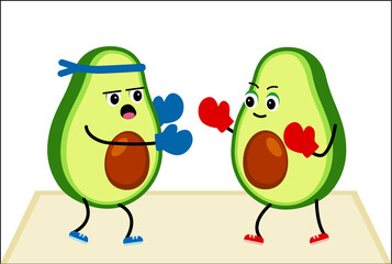 Two avocados are engaged in boxing sports.