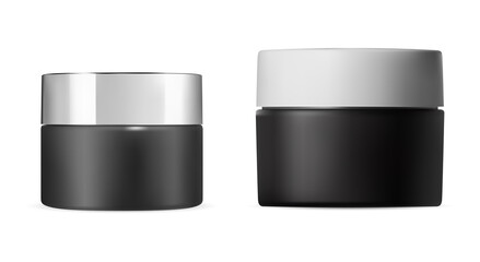 Cream jar. Cosmetic container vector mockup design. Plastic beauty jar set blank, scrub or lotion package. Realistic round creme packaging. Face blush powder template for label