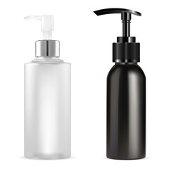 Pump bottle. Soap dispenser cosmetic container mockup. Opaque glass antibacterial essence sanitizer, coronavirus detergent. Cosmetic cleanser fluid design