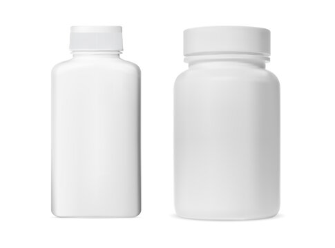 Pill jar. White plastic supplement capsule bottle mockup. Pharmaceutical prescription tablet cylinder can template. Round tub for medical product, pharmacy pack, powder mockup