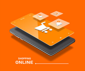 Store,order notification,shipping icons and shopping cart icons pop up on the smartphone screen,vector 3d isolated on orange background for 
online shopping advertising concept design