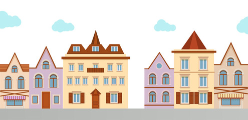 Fototapeta premium Old street european town with vintage houses. Urban landscape. retro home cartoon.