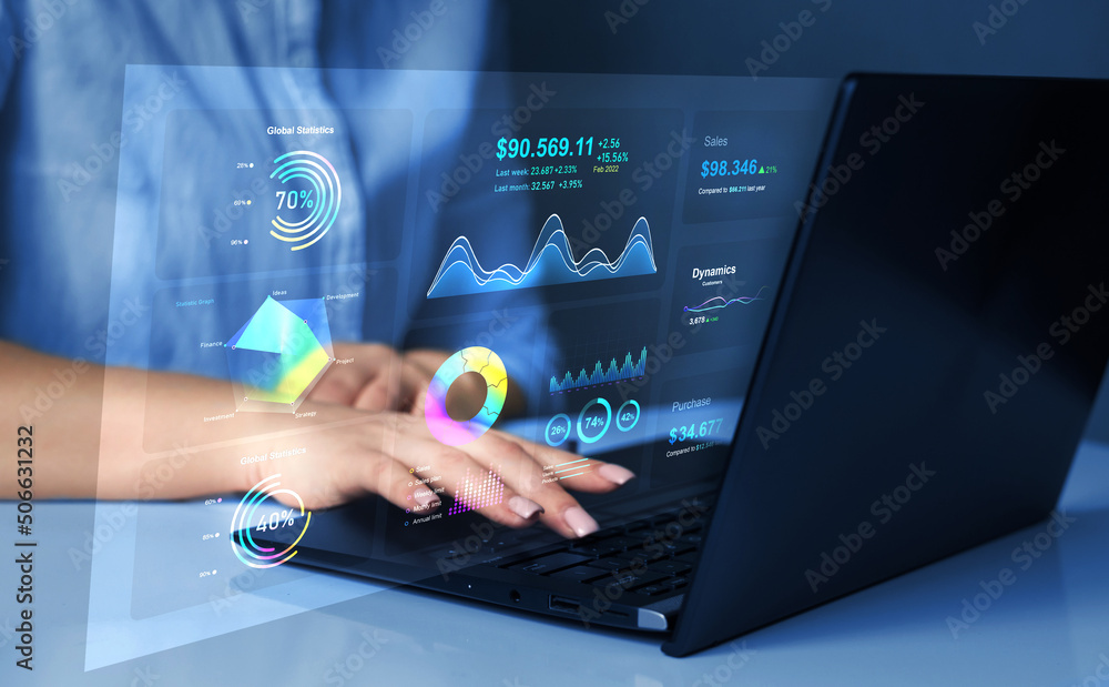Poster advisor using kpi dashboard on virtual screen.business finance data analytics graph.financial manage