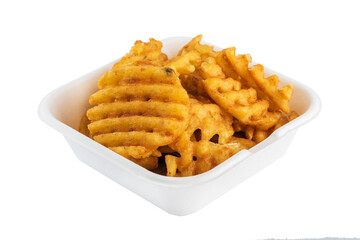 Corrugated French fries in a cardboard disposable plate. Isolated