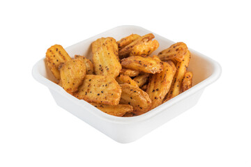 Corrugated French fries in a cardboard disposable plate. Isolated