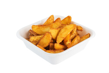 Rustic French fries in a cardboard disposable plate. Isolated