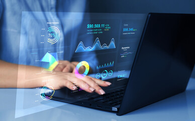 Advisor using KPI Dashboard on virtual screen.Business finance data analytics graph.Financial management technology.