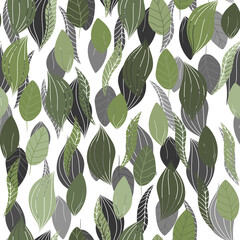 Floral seamless with hand drawn color leaves. Cute autumn background. Tropic green branches. Modern floral compositions. Fashion vector stock illustration for wallpaper, poster, card, fabric, textile.