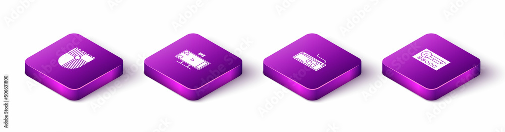 Poster set isometric shield for game, live streaming online, computer keyboard and create account screen ic