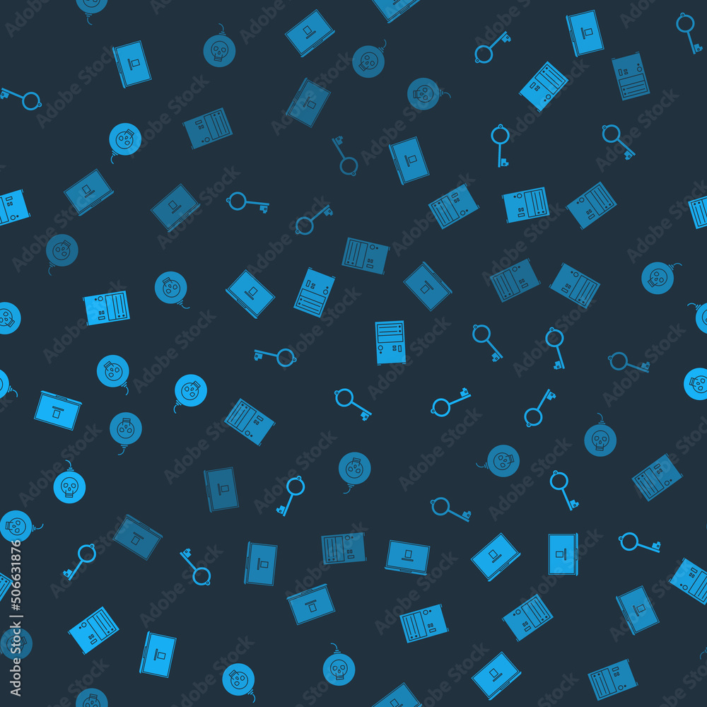 Poster set laptop, ancient key for game, computer and bomb ready explode on seamless pattern. vector