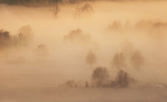 Slovenian countryside on a foggy and winter afternoon © gljivec
