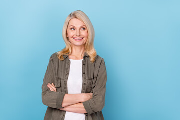 Photo of aged lady representative cross arms look empty space marketing advertisement isolated blue color background