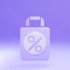 3d Lilac Shopping bag with an inscription percent discount icon isolated on lilac background. Handbag sign. Vector illustration.