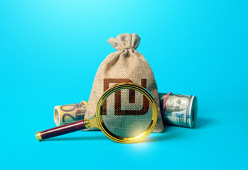 Israeli shekel money bag and magnifying glass. Anti money laundering, tax evasion. Deposit or loan...