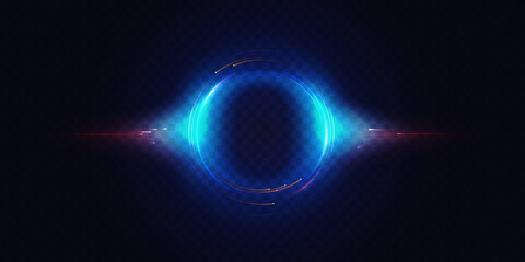 Vector Glow of circular round element, abstract radial motion lines, swirl flare, particles and bright energy rays on dark transparent background. Neon luminous circle, black hole light effect.