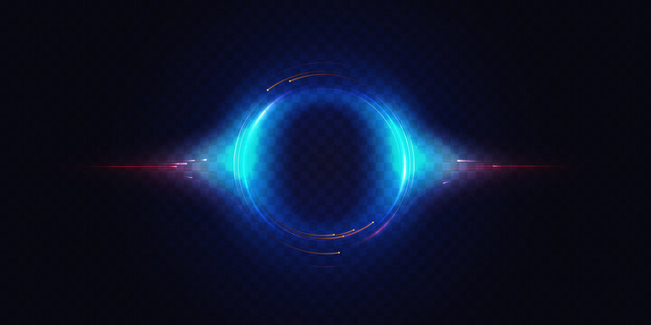 Vector Glow of circular round element, abstract radial motion lines, swirl flare, particles and bright energy rays on dark transparent background. Neon luminous circle, black hole light effect.