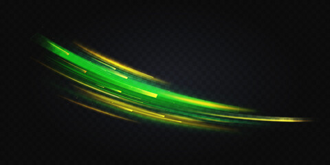 Yellow green light abstract effect, curve shape neon speed motion vector illustration. Magic bright shine glow of energy lines, shiny swirl power waves flow, electric trail glowing in dark background