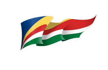 Seychelles flag state symbol isolated on background national banner. Greeting card National Independence Day of the Republic of Seychelles. Illustration banner with realistic state flag.