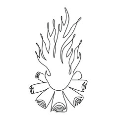 The bonfire is drawn in one line isolated on a white background. Stock vector illustration