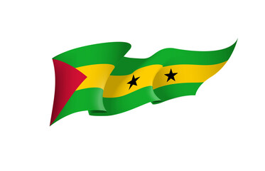 Sao Tome and Principe flag state symbol isolated on background national banner. Greeting card National Day Democratic Republic of Sao Tome and Principe. Illustration banner with realistic state flag.