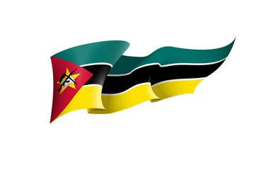 Mozambique flag state symbol isolated on background national banner. Greeting card National Independence Day of the Republic of Mozambique. Illustration banner with realistic state flag.