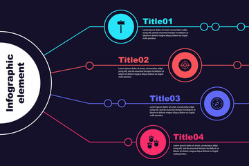 Set Road traffic sign, Target sport, Compass and Paw print. Business infographic template. Vector