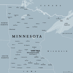 Minnesota, MN, gray political map with capital Saint Paul and metropolitan area Minneapolis. State in upper Midwestern United States. Nicknamed Land of 10,000 Lakes, North Star State and Gopher State.