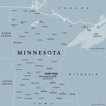 Minnesota, MN, gray political map with capital Saint Paul and metropolitan area Minneapolis. State in upper Midwestern United States. Nicknamed Land of 10,000 Lakes, North Star State and Gopher State.