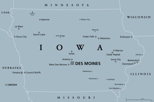 Iowa, IA, gray political map, with the capital Des Moines and most important cities. State in the Midwestern region of the United States of America, nicknamed The Hawkeye State. Illustration. Vector.