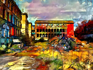 Derelict mill, with wild plants, and rubbish       digital art