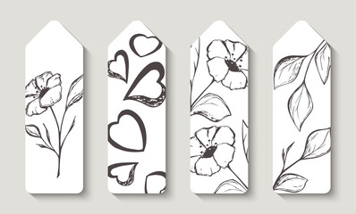Bookmarks with flowers, leaves and hearts . Bookstore label or flyer.  Vector illustration.
