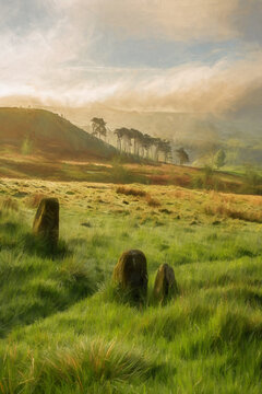 Digital oil painting of Hen Cloud at sunrise. The Roaches, Staffordshire, Peak District, UK.