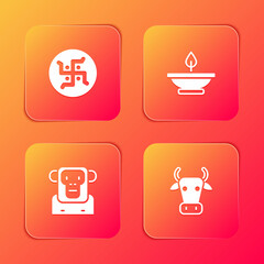 Set Hindu swastika, Aroma lamp, Monkey and Cow icon. Vector