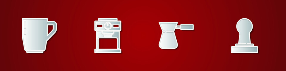 Set Coffee cup, machine, turk and tamper icon. Vector