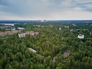 Aerial view of Chernobyl Ukraine exclusion zone Zone of high radioactivity, Ruins of abandoned ghost town Pripyat city, Ruins of buildings.