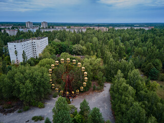 Aerial view of old abandoned Ferris wheel in the amusement park in the ghost town Pripyat Ukraine....